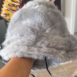 Gray Faux Fur Bucket Hat